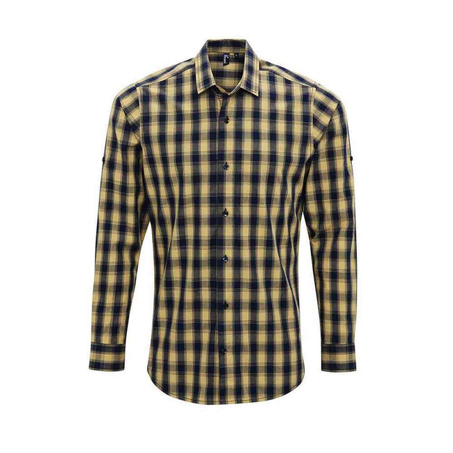 Camel-Navy - Front - Premier Mens Mulligan Checked Cotton Long-Sleeved Shirt