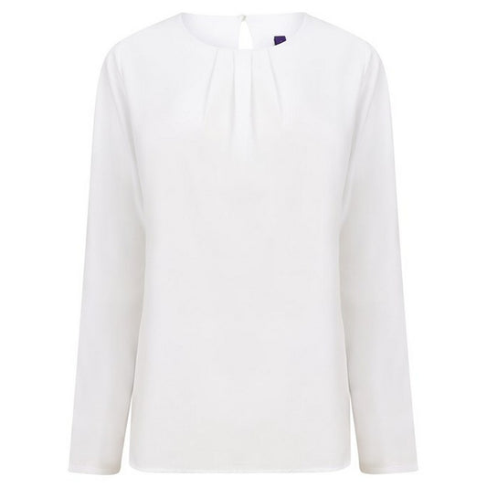 White - Front - Henbury Womens-Ladies Yarn Pleat Front Long-Sleeved Blouse