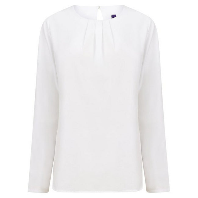 White - Front - Henbury Womens-Ladies Yarn Pleat Front Long-Sleeved Blouse
