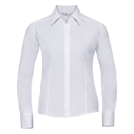 White - Front - Russell Collection Womens-Ladies Poplin Easy-Care Fitted Long-Sleeved Shirt