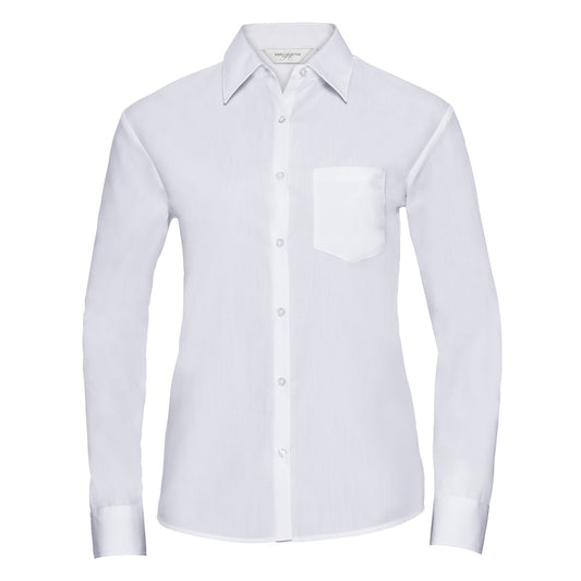 White - Front - Russell Collection Womens-Ladies Poplin Easy-Care Long-Sleeved Shirt