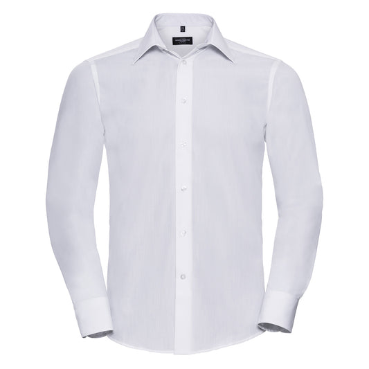 White - Front - Russell Collection Mens Poplin Easy-Care Tailored Long-Sleeved Shirt