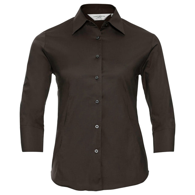 Chocolate - Front - Russell Collection Womens-Ladies Easy-Care Fitted 3-4 Sleeve Shirt