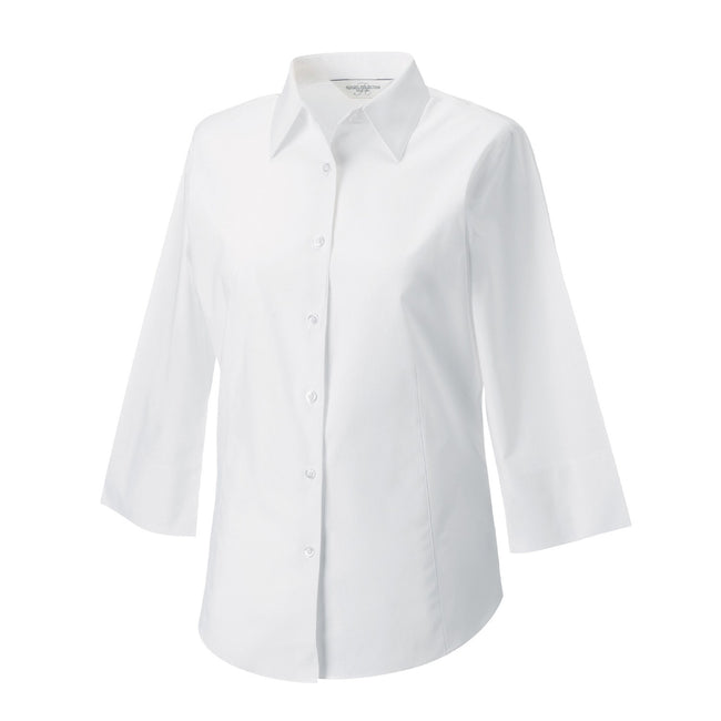 White - Side - Russell Collection Womens-Ladies Easy-Care Fitted 3-4 Sleeve Shirt