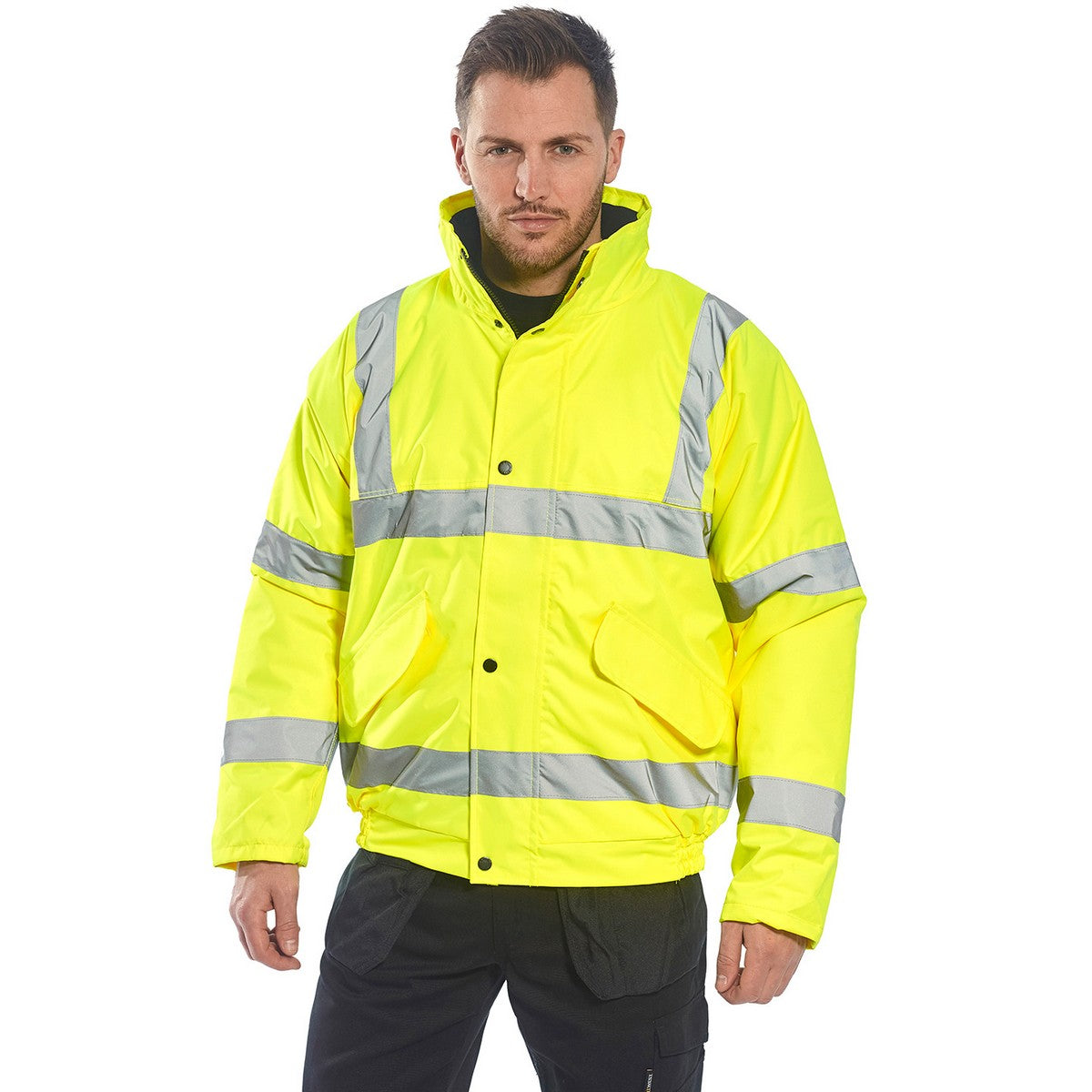 Yellow - Close up - Portwest Unisex Hi-Vis Bomber Jacket (S463) - Workwear - Safetywear