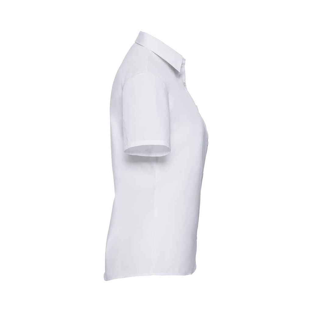 White - Side - Russell Collection Womens-Ladies Poplin Easy-Care Short-Sleeved Shirt