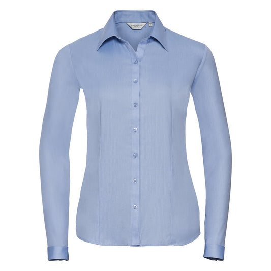 Light Blue - Front - Russell Collection Womens-Ladies Herringbone Long-Sleeved Shirt