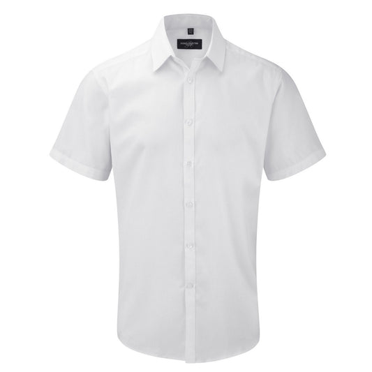 White - Front - Russell Collection Mens Herringbone Short-Sleeved Shirt