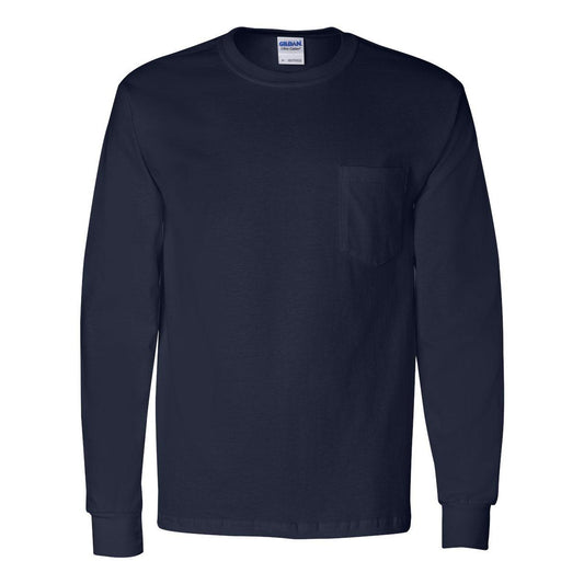 Navy - Front - Gildan Ultra Cotton Long Sleeve Pocket T-Shirt