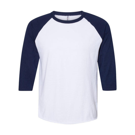 White- J. Navy - Front - JERZEES Premium Blend Ringspun Three-Quarter Sleeve Raglan Baseball T-Shirt