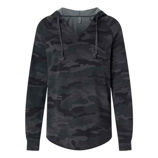 Black Camo Heather - Front - Independent Trading Co. Womens Lightweight California Wave Wash Hooded Sweatshirt