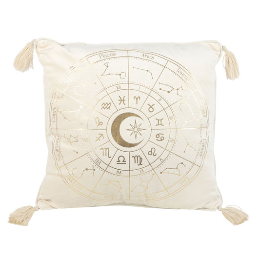 Off White-Gold - Front - Something Different Astrology Wheel Square Filled Cushion