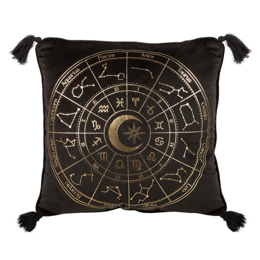Black-Gold - Front - Something Different Astrology Wheel Square Cushion