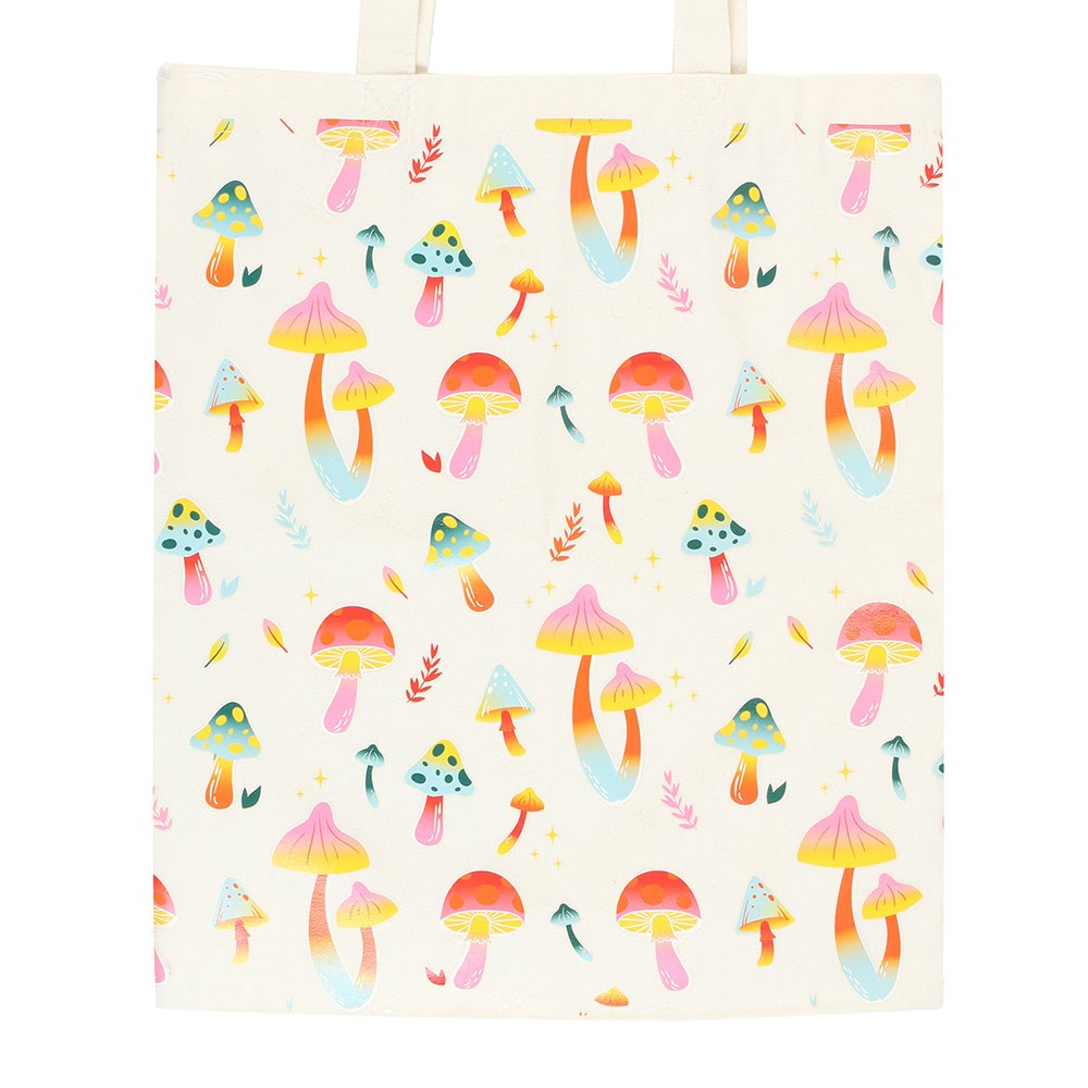 White-Pink-Yellow - Side - Something Different Funky Fungi Mushroom Polycotton Tote Bag