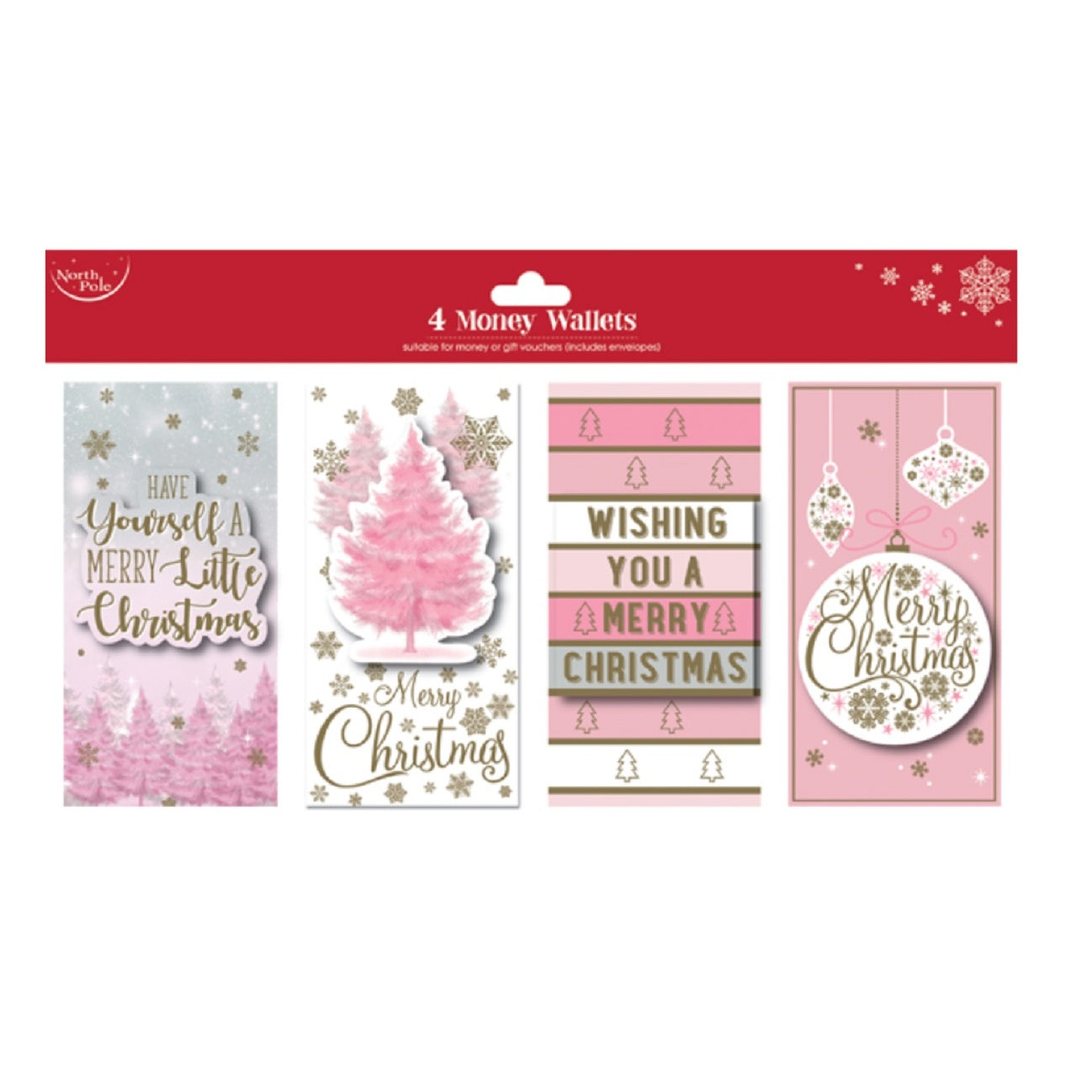 Pink - Back - North Pole Pink Christmas Money Wallets (Pack Of 4)