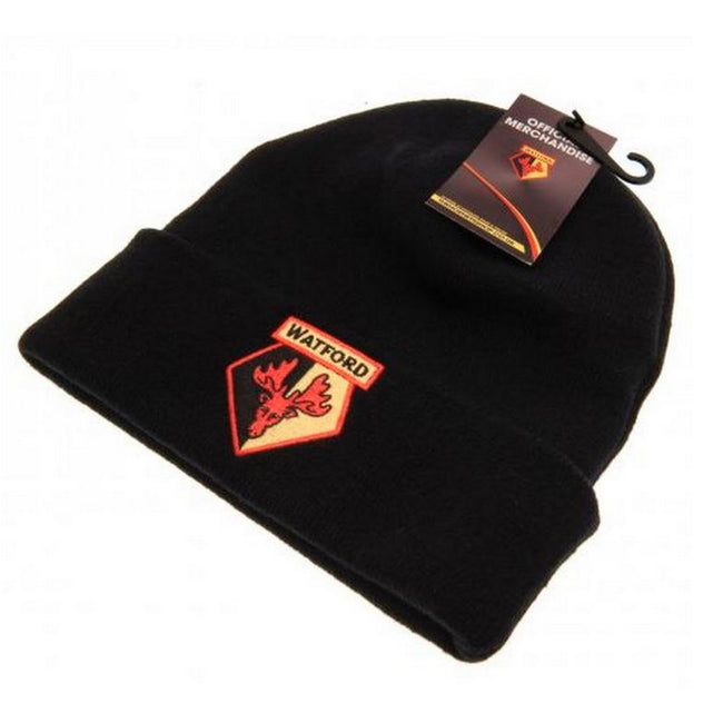 Black-Yellow-Red - Side - Watford FC Unisex Adults Knitted Hat
