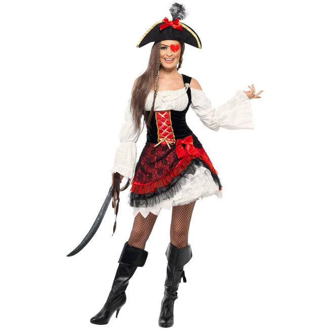 Red-White-Black - Lifestyle - Smiffys Womens-Ladies Glamorous Pirate Costume Set