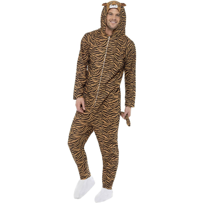 Brown - Pack Shot - Smiffys Unisex Adult Tiger Costume Jumpsuit
