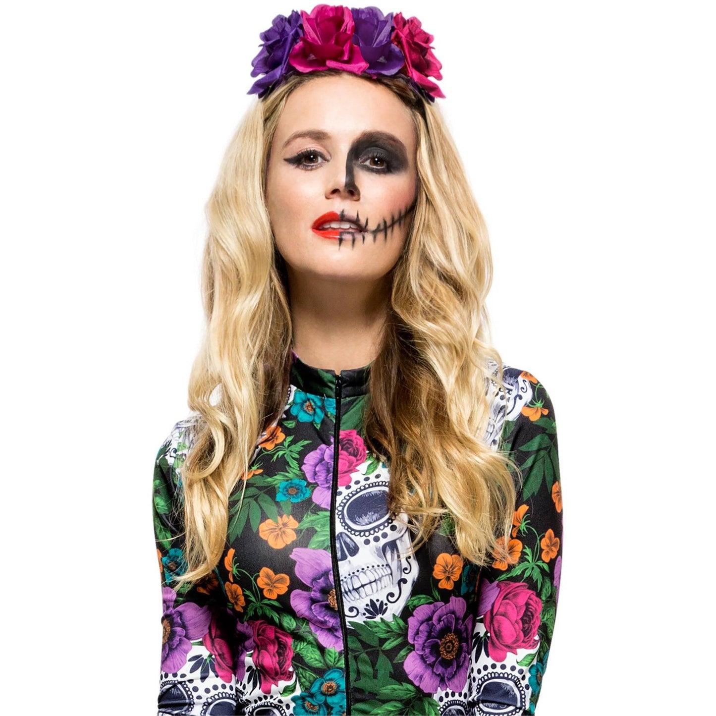 Purple-Pink - Back - Smiffys Womens-Ladies Rose Day Of The Dead Headband