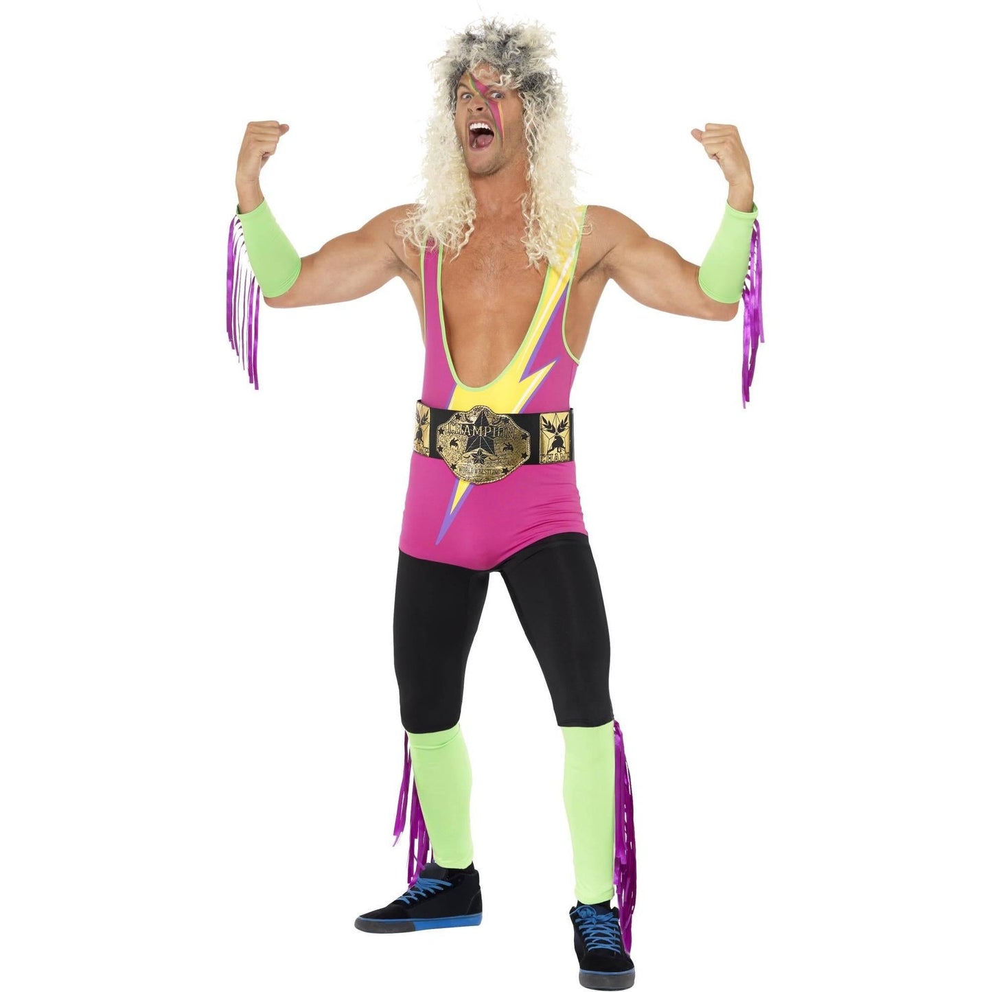 Pink-Green-Black - Lifestyle - Smiffys Mens Retro Wrestler Costume Set