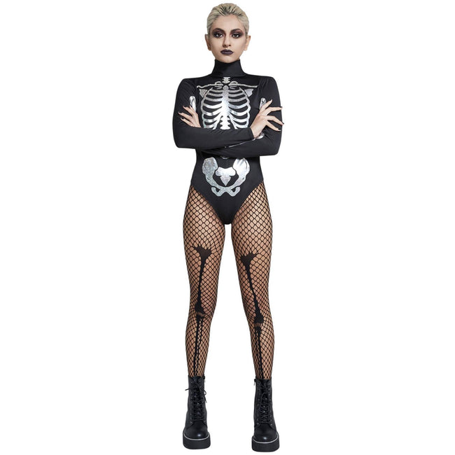 Black-Silver - Back - Fever Womens-Ladies Skeleton Bodysuit