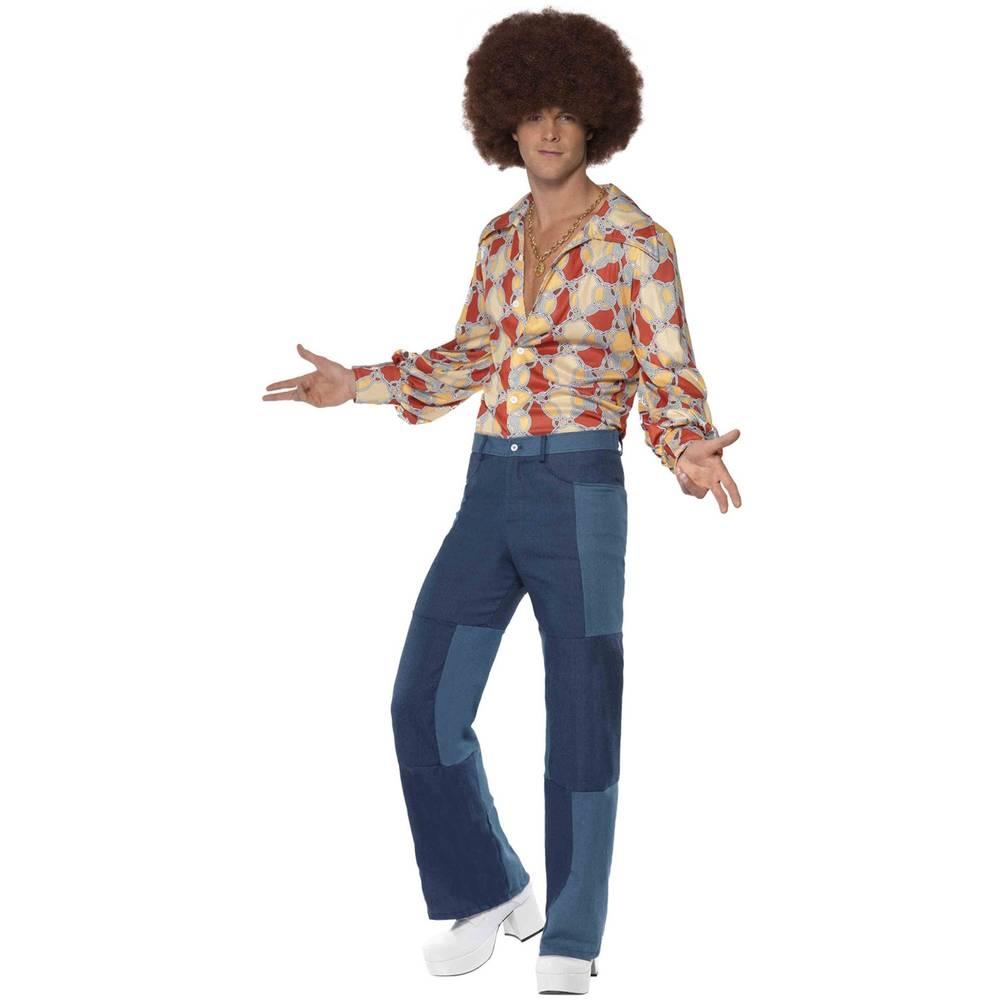 Blue - Side - Smiffys Mens 70s Deluxe Flared Trousers
