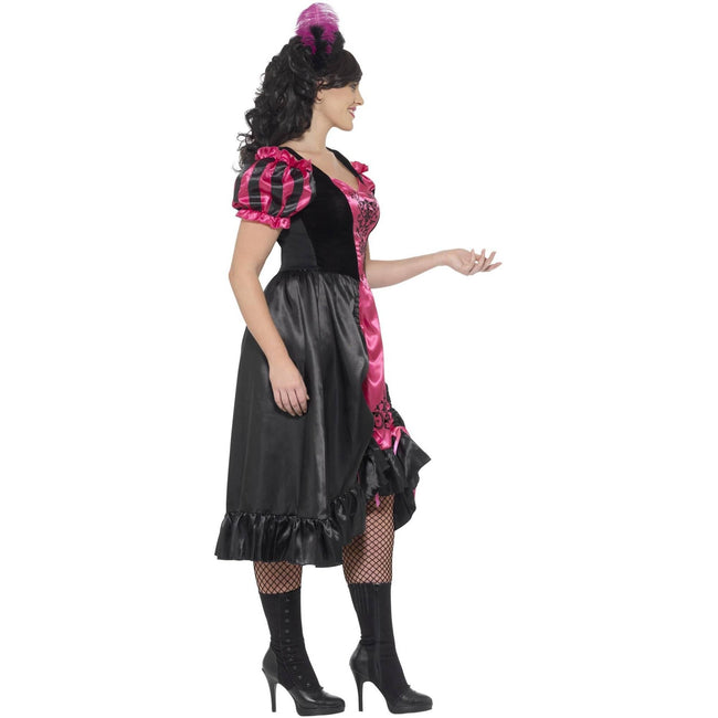 Pink-Black - Side - Smiffys Womens-Ladies Curves Sassy Saloon Costume