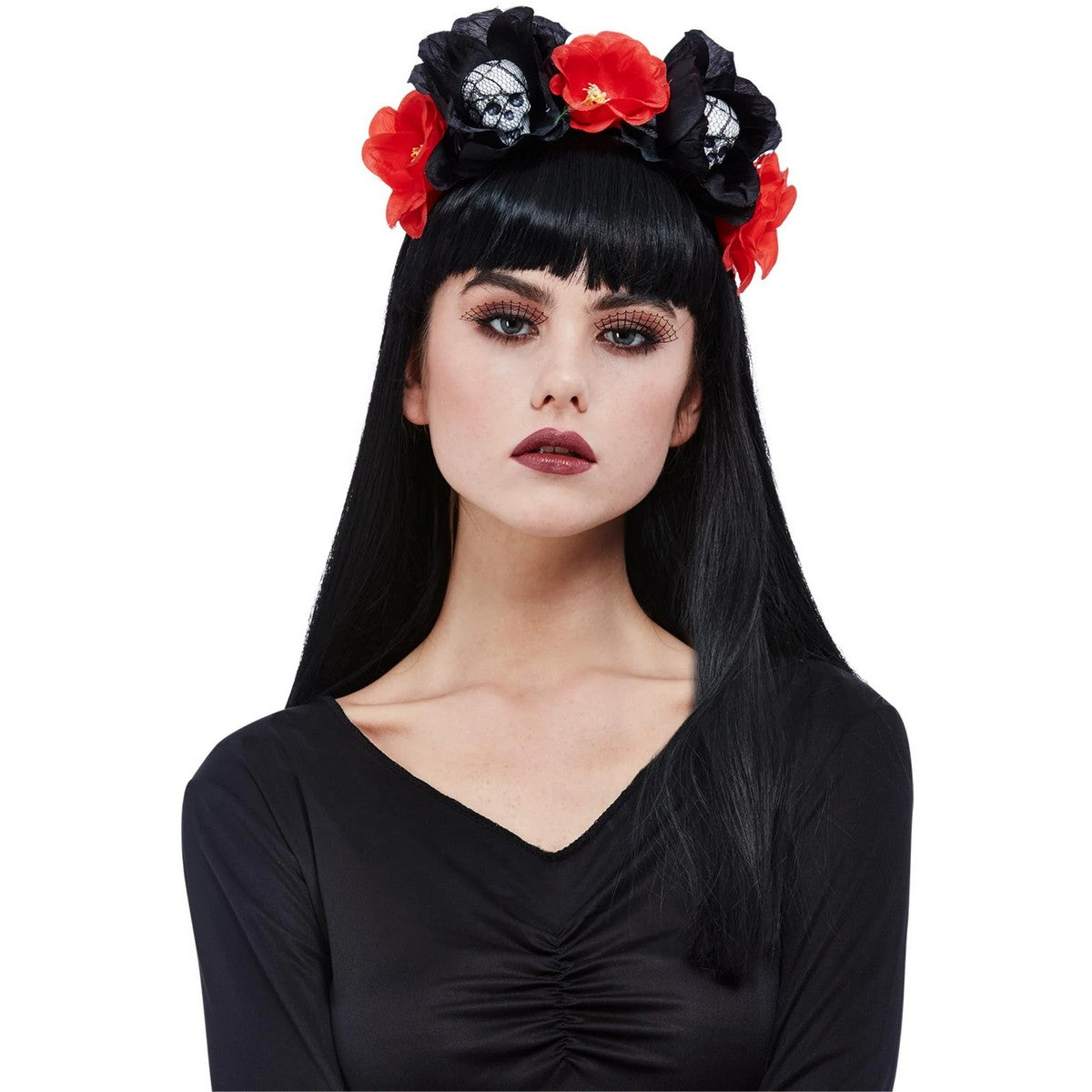 Black-Red - Back - Smiffys Skull And Roses Headband