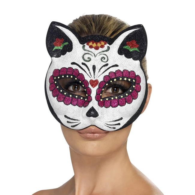 White - Back - Smiffys Unisex Adult Sugar Skull Cat Glitter Eye Mask