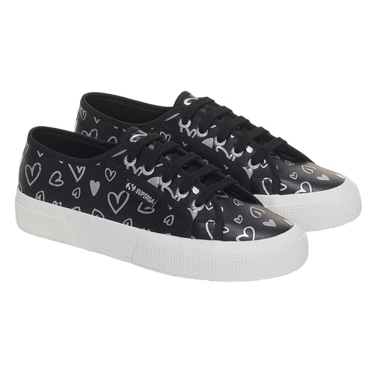 Black-Silver - Front - Superga Womens-Ladies Hearts Vegan Leather Trainers