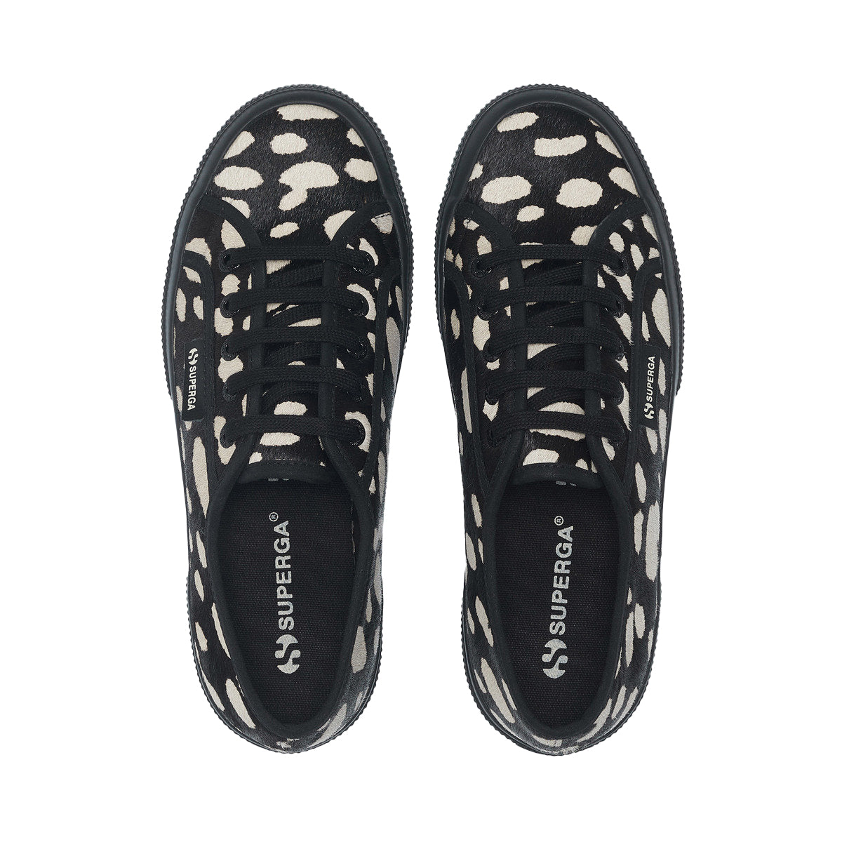Black-Beige - Pack Shot - Superga Womens-Ladies 2750 Dalmatian Print Cowhide Leather Trainers