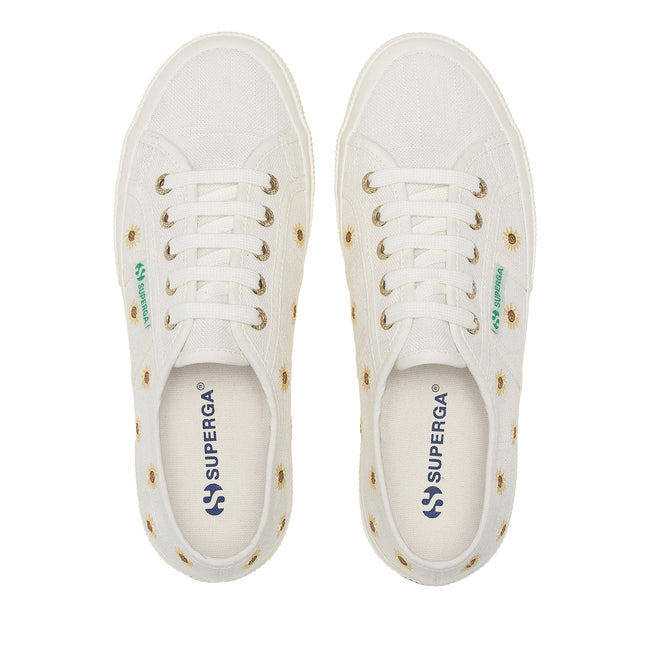 White Avorio - Pack Shot - Superga Womens-Ladies 2750 Embroidered Sunflower Linen Trainers