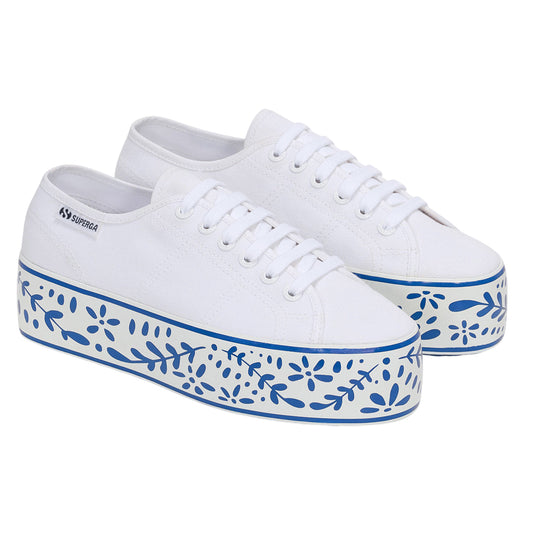 White-Blue - Front - Superga Womens-Ladies 3790 Leggera Ceramic Print Platform Trainers