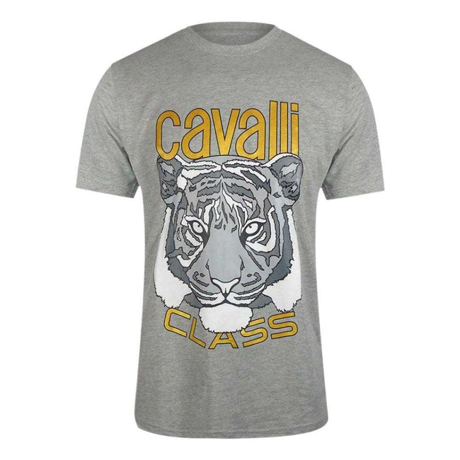 Grey Melange - Front - Cavalli Class Mens Tiger Print Logo T-Shirt
