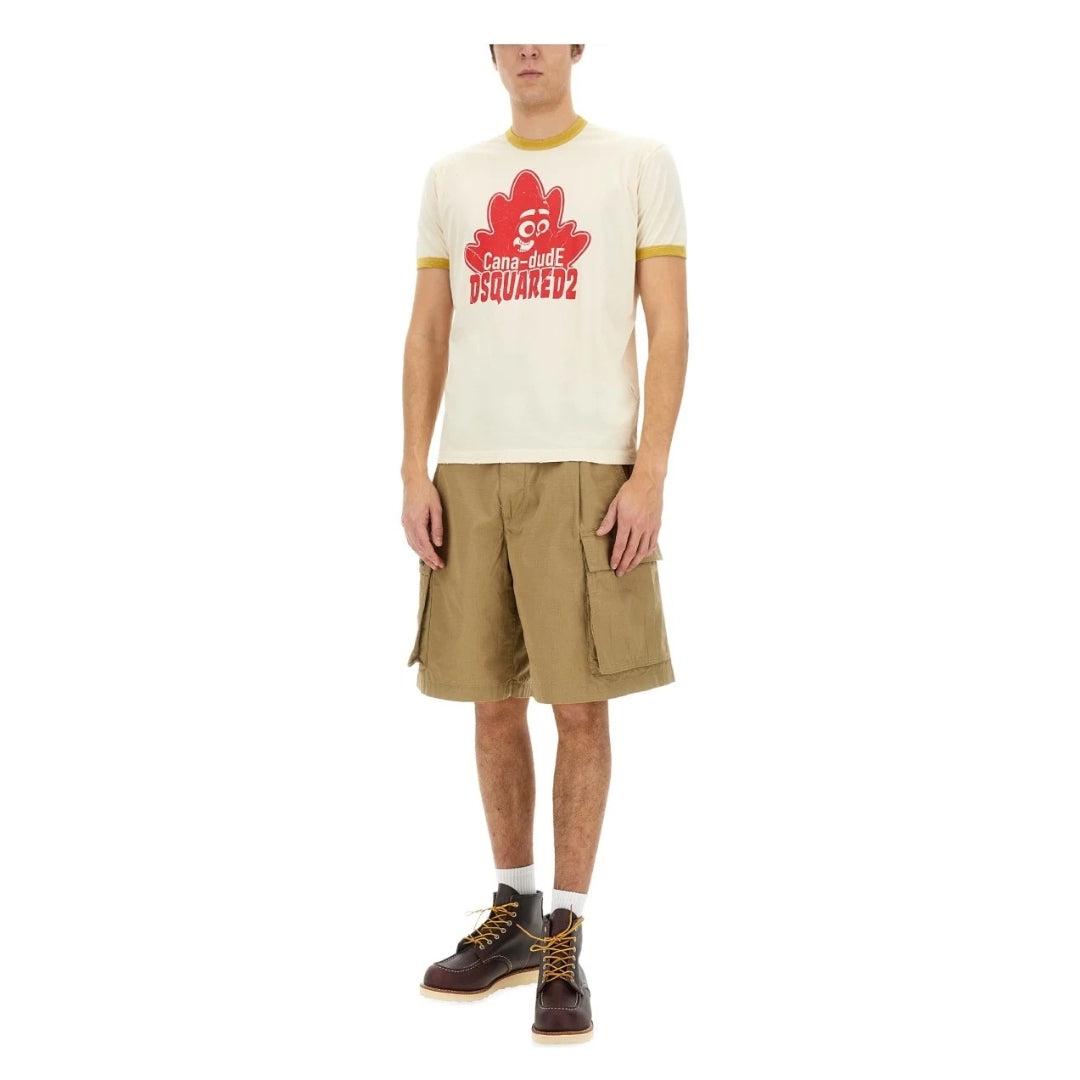 Milk White-Red - Close up - DSquared2 Mens Cana-dude Logo T-Shirt