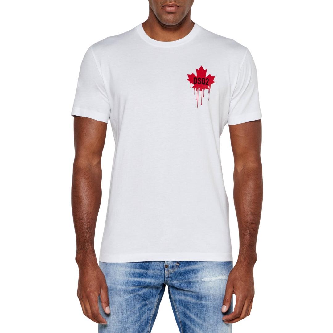 White - Lifestyle - DSquared2 Mens Dripping Maple Leaf Cotton T-Shirt