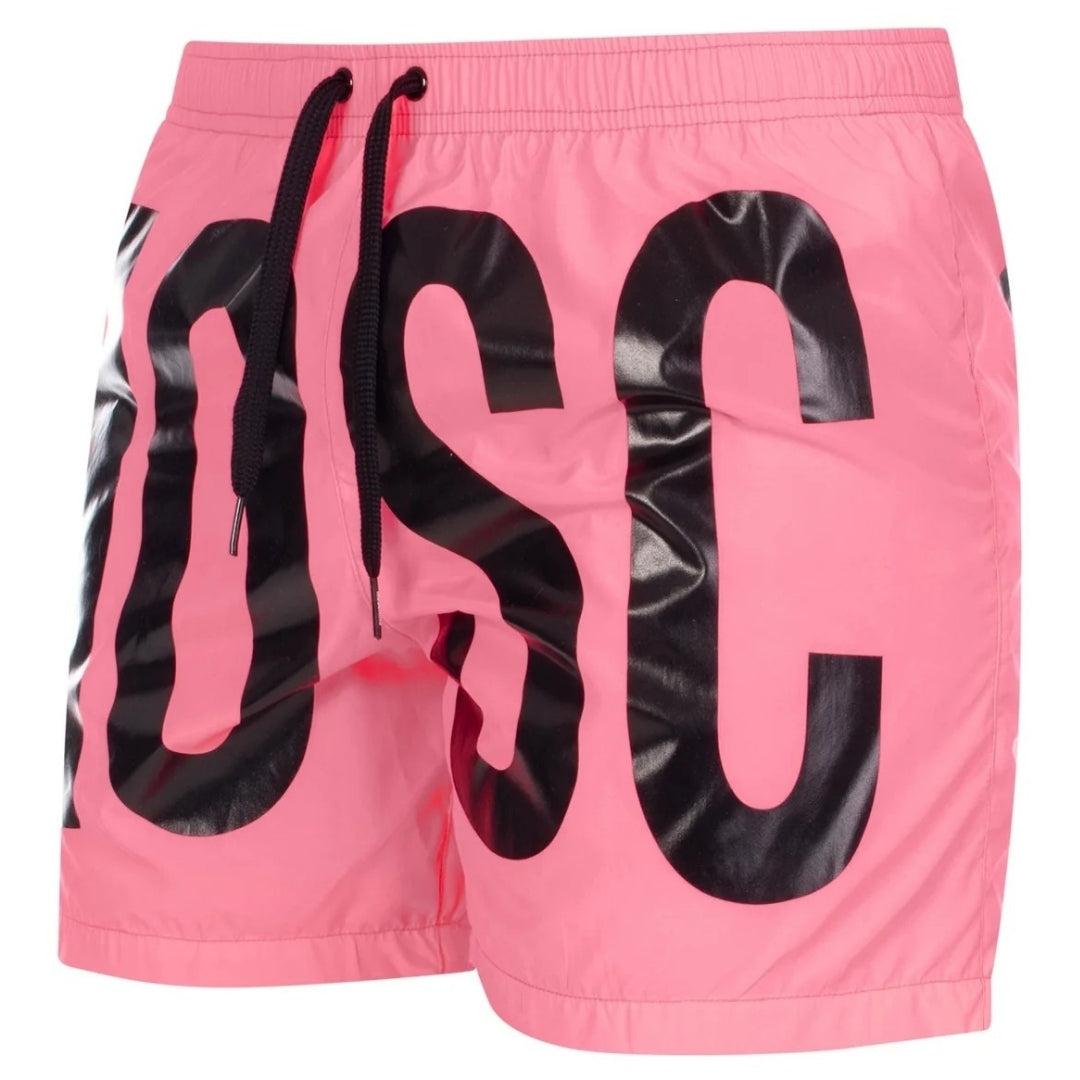 Pink - Side - Moschino Mens Logo Swim Shorts