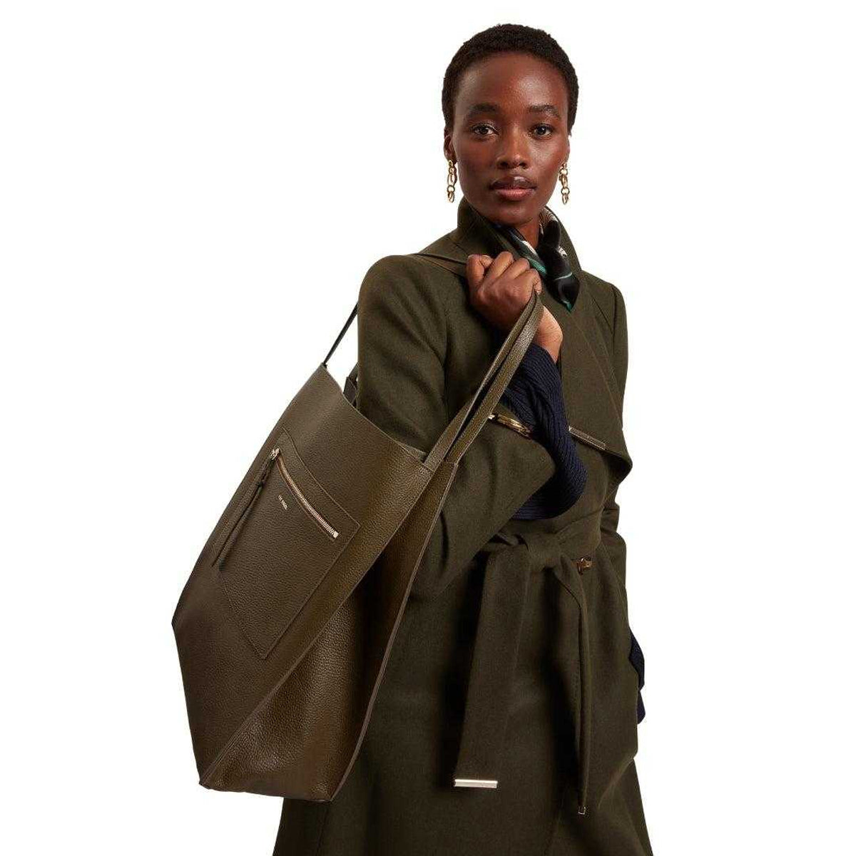 Khaki Green - Pack Shot - Ted Baker Plain Leather Slouch Tote Bag
