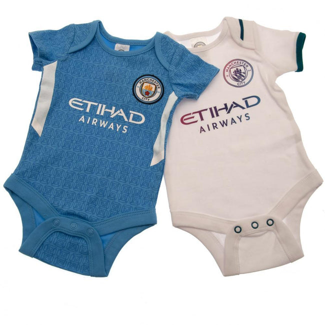 Blue-White - Front - Manchester City FC Baby Crest Bodysuit (Pack of 2)