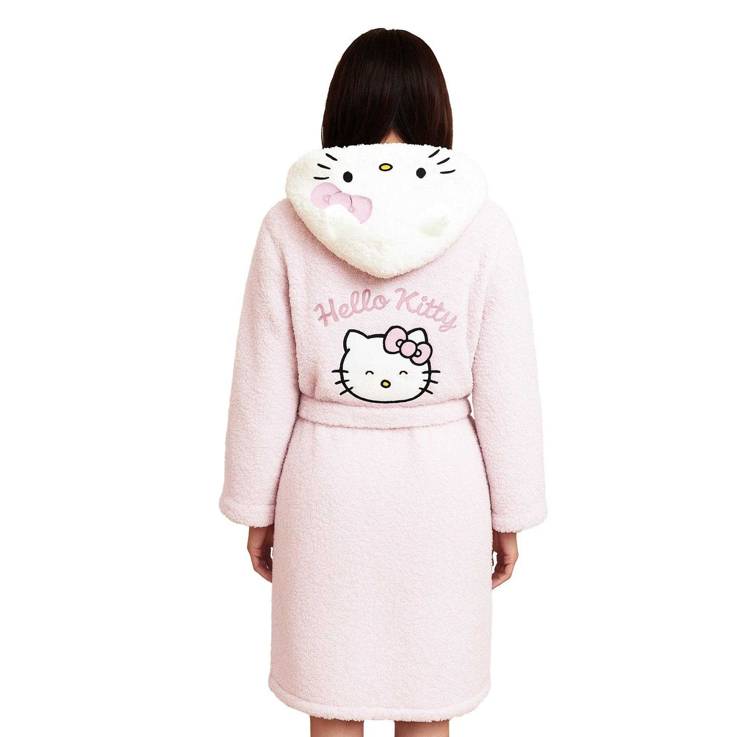 Pink-White - Lifestyle - Hello Kitty Womens-Ladies 3D Ears Borg Embroidered Dressing Gown
