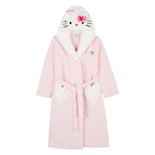 Pink-White - Front - Hello Kitty Womens-Ladies 3D Ears Borg Embroidered Dressing Gown