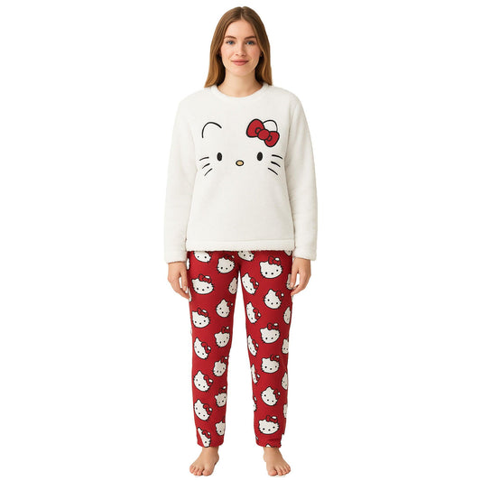 White-Red - Front - Hello Kitty Womens-Ladies Fleece Long Pyjama Set