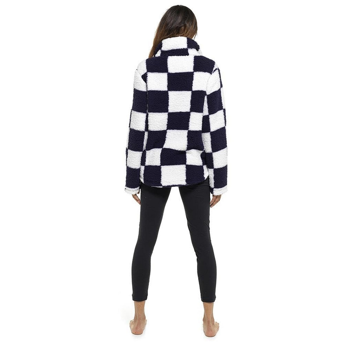 Navy - White - Back - Keanu Womens-Ladies Checked Sherpa Fleece Quarter Zip Pullover