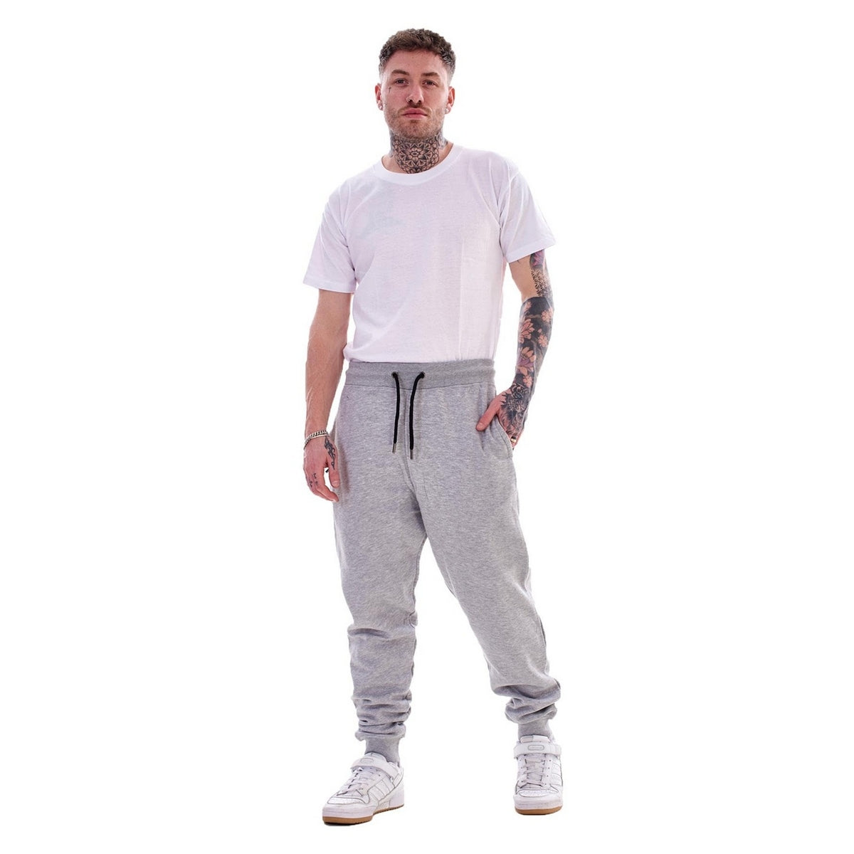 Navy-Grey Marl - Side - Keanu Mens Cotton Blend Slim Jogging Bottoms (Pack of 2)