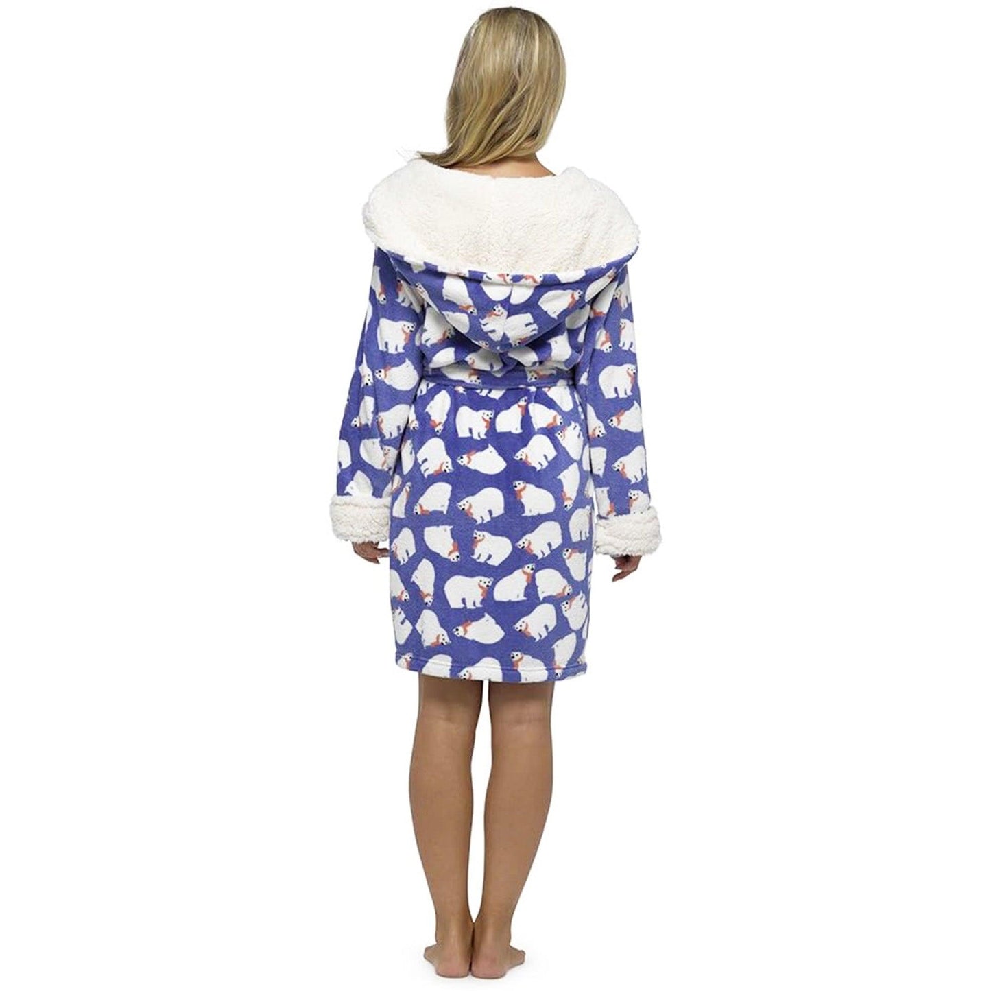 White-Blue - Back - Keanu Womens-Ladies Polar Bear Fleece Hooded Dressing Gown