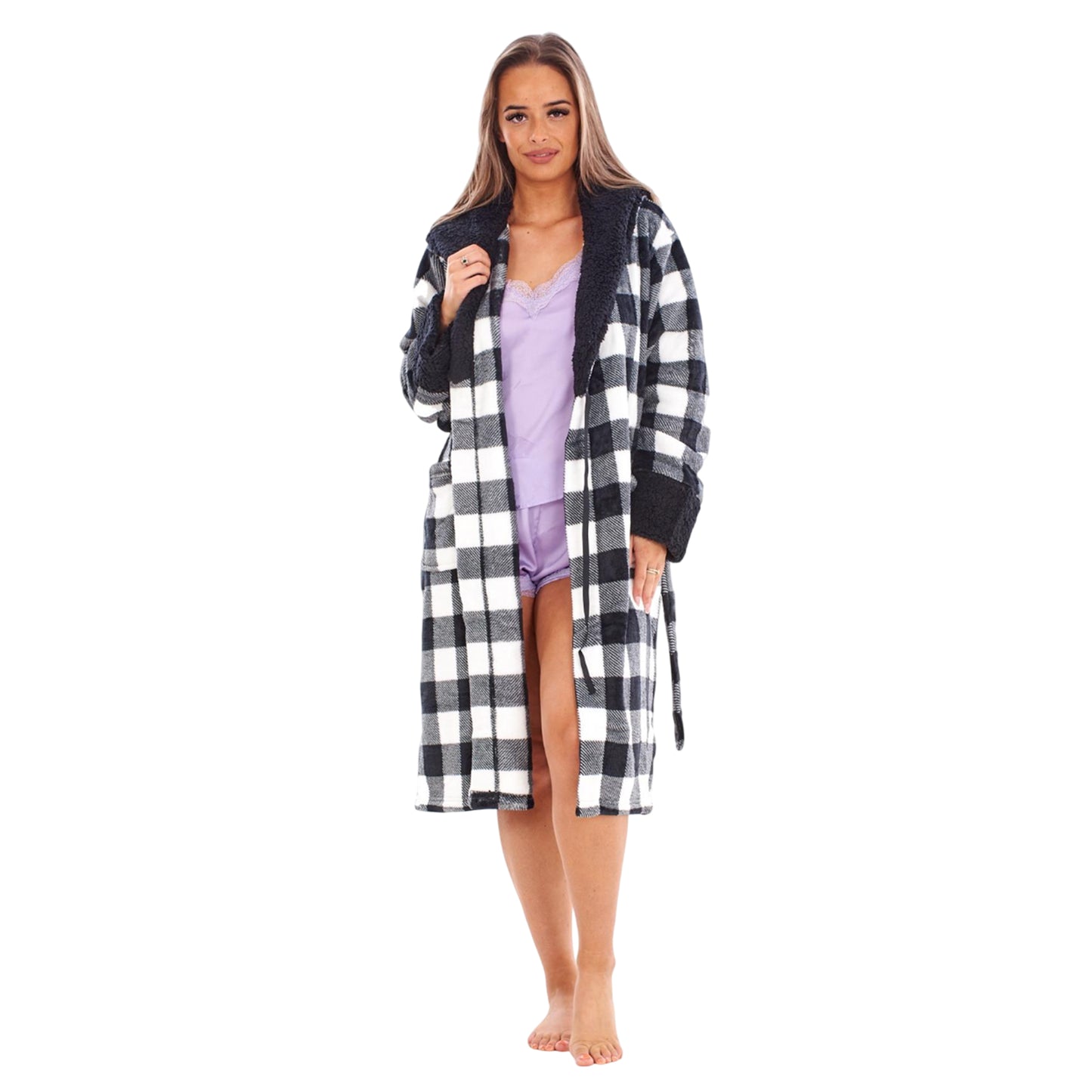 Black-White - Pack Shot - Keanu Womens-Ladies Checked Sherpa Fleece Dressing Gown