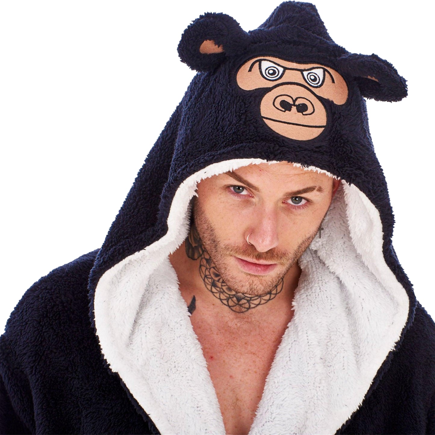 Black-White - Pack Shot - Keanu Mens Gorilla Head Fleece Dressing Gown