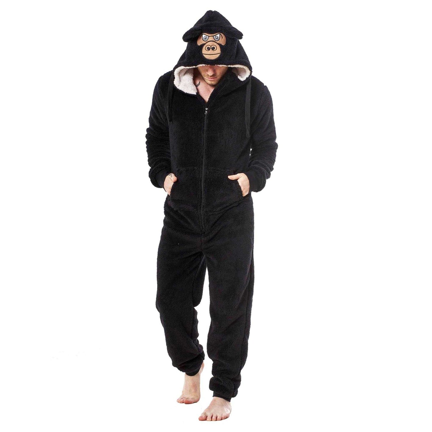 Black - Pack Shot - Keanu Mens Gorilla Head Fleece Jumpsuit