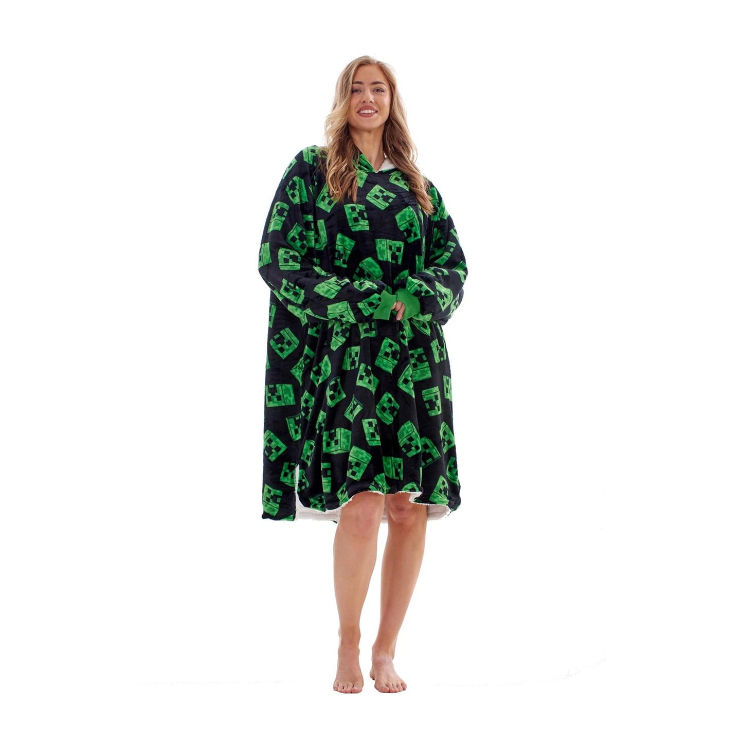 Black-Green - Lifestyle - Minecraft Unisex Adult Fleece Sherpa Lined Oversized Blanket Hoodie