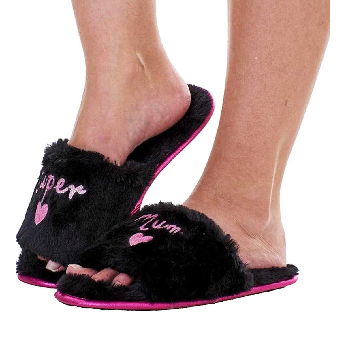 Black - Side - Keanu Womens-Ladies Super Mum Faux Fur Lined Slip-on Mules